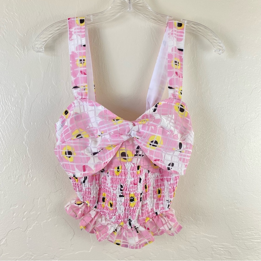 Unique Vintage Size Small Pink & White Floral Print Ruffle Hem Burnout Crop Top